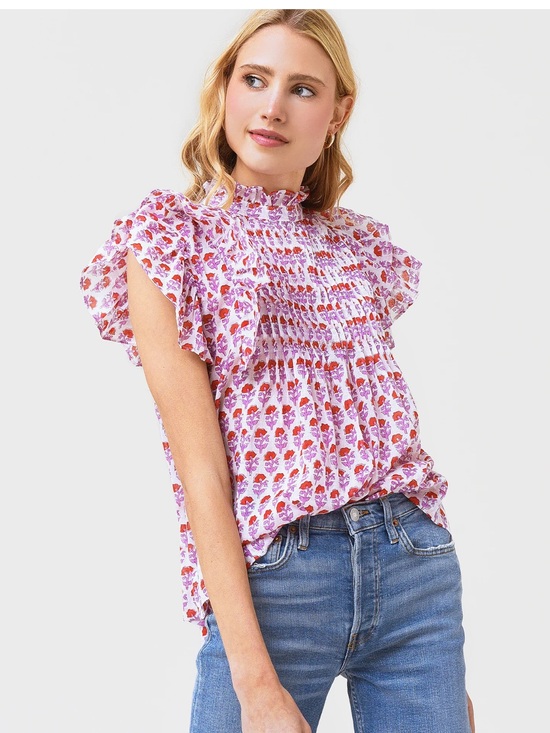 Oliphant Tops - Oliphant Pink & Red Floral Smocked Flutter Sleeve Blouse
